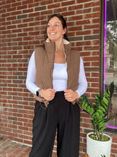 Load image into Gallery viewer, Reversible Vest in Coco
Girl Math!! Two Vests in one!! yes, you'll look great no matter what side of the puffer vest you're facing in this reversible vest! A practical and chic way to keep warm when the temperature drops, this vest has your back (and front!) covered.