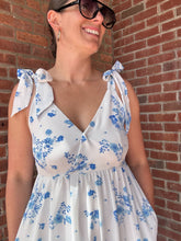 Load image into Gallery viewer, Marion | Blue & Cream Floral with Tie shoulders