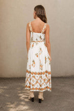 Load image into Gallery viewer, Alison | FLORAL BORDER PATTERN BELT STRAP MIDI DRESS: LIGHT KHAKI MULTI