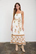 Load image into Gallery viewer, Alison | FLORAL BORDER PATTERN BELT STRAP MIDI DRESS: LIGHT KHAKI MULTI
