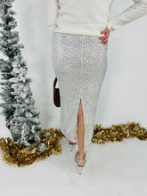 Load image into Gallery viewer, Bottoms Silver Sequin Midi Skirt