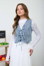 Load image into Gallery viewer, FLORAL WASHED DENIM PATTERN FRONT TIE VEST: DENIM
