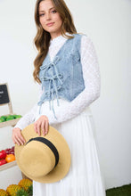 Load image into Gallery viewer, FLORAL WASHED DENIM PATTERN FRONT TIE VEST: DENIM