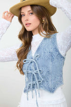 Load image into Gallery viewer, FLORAL WASHED DENIM PATTERN FRONT TIE VEST: DENIM