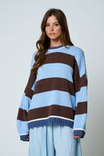 Load image into Gallery viewer, OVERSIZED STRIPE CREW NECK LONG SLEEVE SWEATER: BLUE