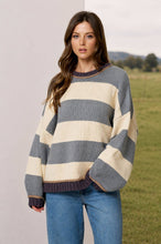 Load image into Gallery viewer, OVERSIZED STRIPE CREW NECK LONG SLEEVE SWEATER: GREY