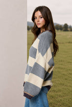 Load image into Gallery viewer, OVERSIZED STRIPE CREW NECK LONG SLEEVE SWEATER: GREY