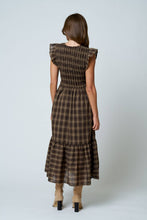 Load image into Gallery viewer, PLAID SMOCKED V NECK BUTTON DOWN RUFFLED MIDI DRES: BROWN