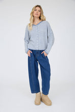 Load image into Gallery viewer, STRIPE RAW EDGE DROP SHOULDER KNIT CARDIGAN : DUSTY BLUE
