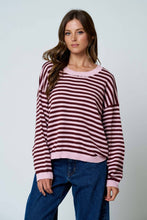 Load image into Gallery viewer, STRIPE RELAXED BACK BUTTON DETAIL KNIT SWEATER: LIGHT BLUE