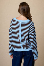 Load image into Gallery viewer, STRIPE RELAXED BACK BUTTON DETAIL KNIT SWEATER: LIGHT BLUE
