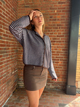 Load image into Gallery viewer, Sweater Logan | Brown and Blue Stripe Raw Edge Drop Shoulder Knit Cardigan