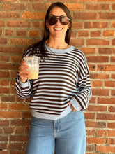 Load image into Gallery viewer, Sweater Sam | Light Blue Stripe Relaxed Back Button Detail Knit Sweater