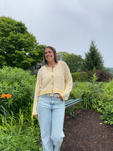 Load image into Gallery viewer, Sweater Scarlett | Butter Yellow Textured Stripe Crochet Knit Button Down Cardigan
