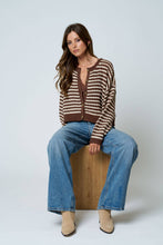 Load image into Gallery viewer, TEXTURED STRIPE CROCHET KNIT BUTTON DOWN CARDIGAN : BROWN