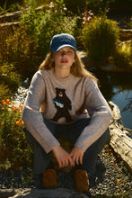 Load image into Gallery viewer, "BEAR WITH SALMON" GRAPHIC LONG SLEEVE CREW NECK SWEATER: TAUPE / L