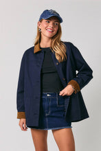 Load image into Gallery viewer, TWILL & PLAID REVERSIBLE CORDUROY COLLAR BARN JACKET: NAVY-BROWN / L