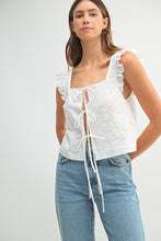 Load image into Gallery viewer, Nora | White Sleeveless 3D Floral Tie Front Top
