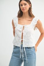 Load image into Gallery viewer, Nora | White Sleeveless 3D Floral Tie Front Top