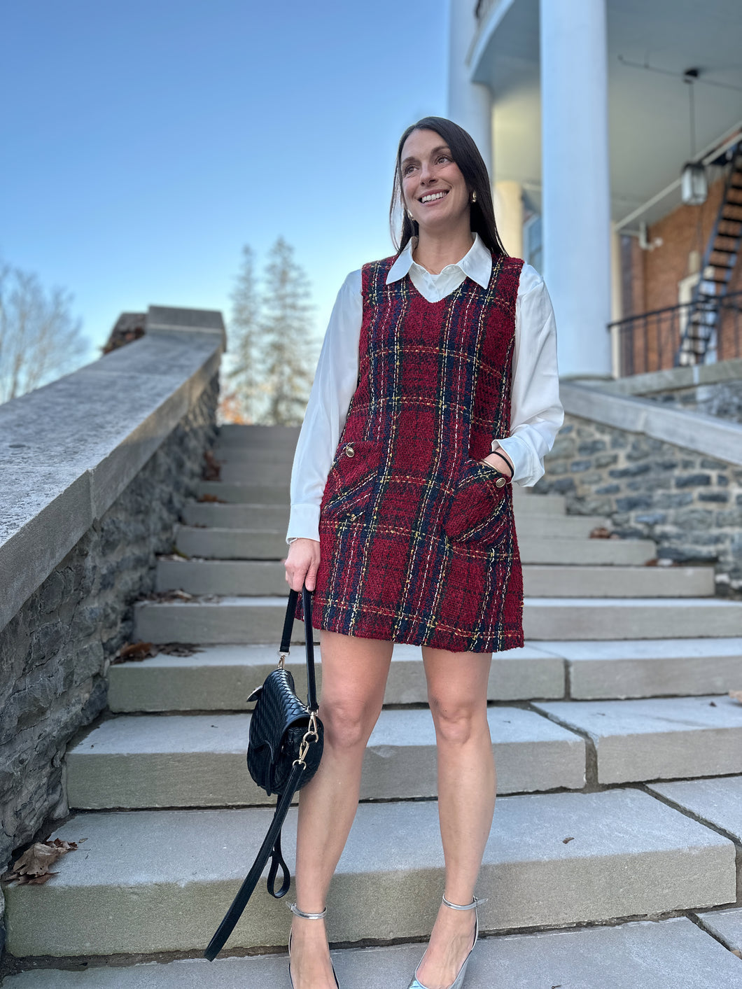 Audrey Dress | Sleeveless Plaid Tweed V Neck Mini Dress