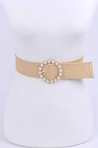 Pearl Buckle Faux Straw Elastic Belt