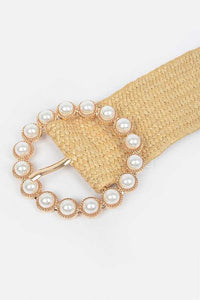 Pearl Buckle Faux Straw Elastic Belt