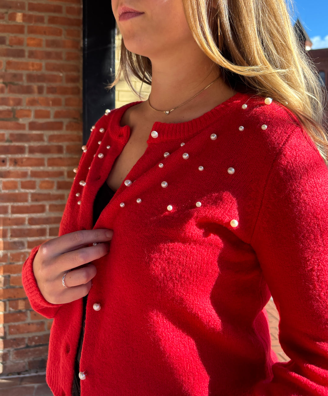 Gemma Red | Pearl Embellished Sweater Cardigan