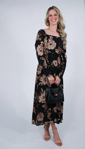 Kristin | Black Floral Long Sleeve Midi Dress