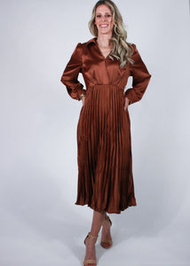 Toffee Satin Dress with pleated  skirt 