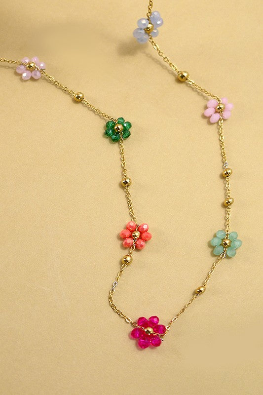 Multi Flower Beaded Necklace | Gold