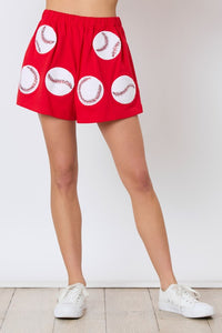 Red Baseball Towel & Sequins Embroidery Shorts