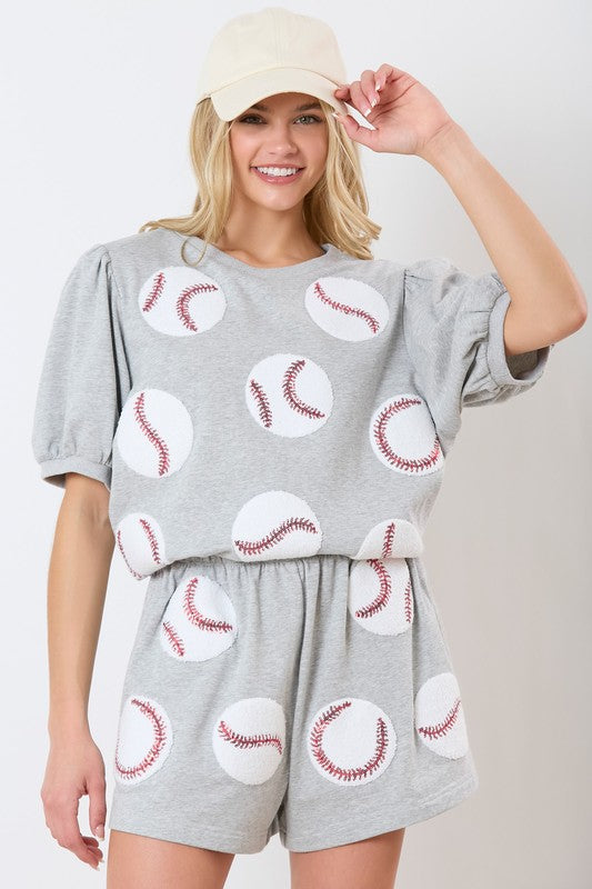 Baseball Towel & Sequin Embroidery Short Sleeve Top