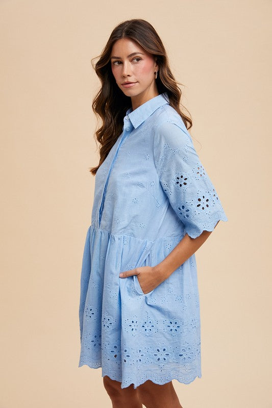 Jillian | Embroidered Scallop Edge Detail Mini Shirt Dress