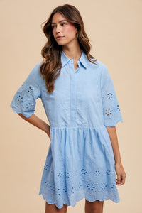 Jillian | Embroidered Scallop Edge Detail Mini Shirt Dress