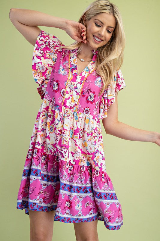 Anna | Flutter Sleeves Mixed Print V-neck Dress