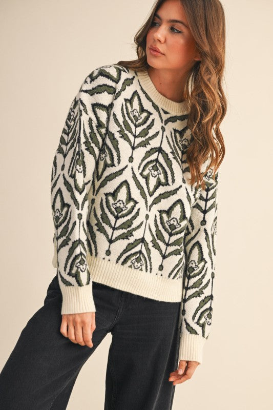 Olive Floral Pattern Knit Sweater