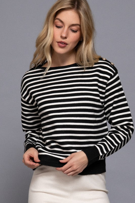 Kennedy | Buttoned Shoulder Stripe Sweater