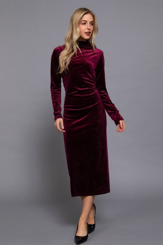 Phoebe | High Neck Shirring Glitter Velvet Long Dress