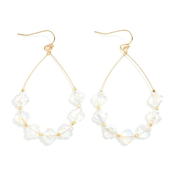 Crystal Clover Beaded Teardrop Drop Earrings