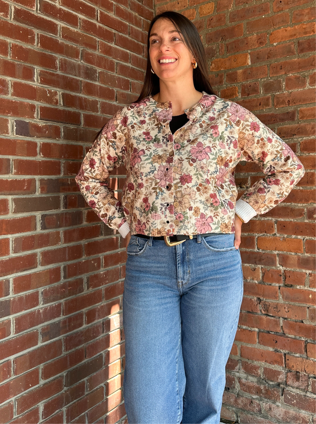 Meg | Floral Print Button Front Sweater Cardigan Top