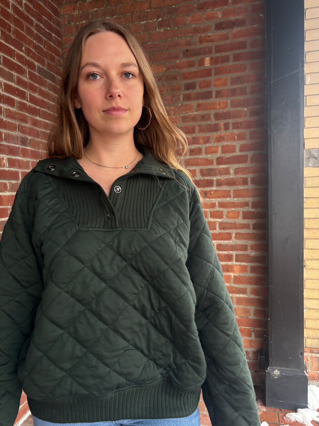 Caroline | Green Quilted Snap Pullover