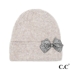 Rhinestone Bow Cuff Beanie