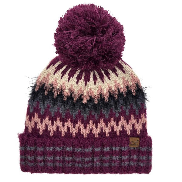 Multi Color Chevron Pom Beanie | Plum