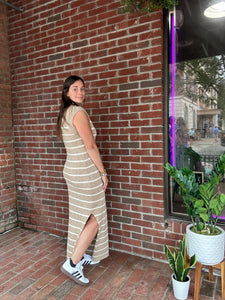 Maggie | Taupe Sleeveless Striped Sweater Dress