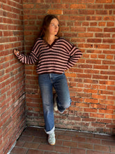 Load image into Gallery viewer, Drew | Brown and Pink Stripe Raw Edge Split Neck Sheer Knit Sweater
