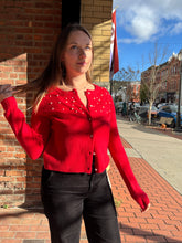 Load image into Gallery viewer, Gemma Red | Pearl Embellished Sweater Cardigan
