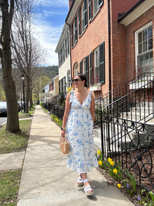 Marion | Blue & Cream Floral with Tie shoulders