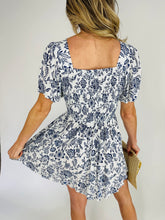 Load image into Gallery viewer, Twist front Flutter Sleeve Midi Dress Blue and White
