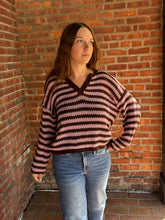 Load image into Gallery viewer, Drew | Brown and Pink Stripe Raw Edge Split Neck Sheer Knit Sweater
