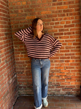 Load image into Gallery viewer, Drew | Brown and Pink Stripe Raw Edge Split Neck Sheer Knit Sweater
